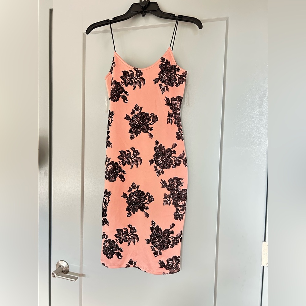 Revamped Bodycon Black Velvet Floral on Pink Midi Dress